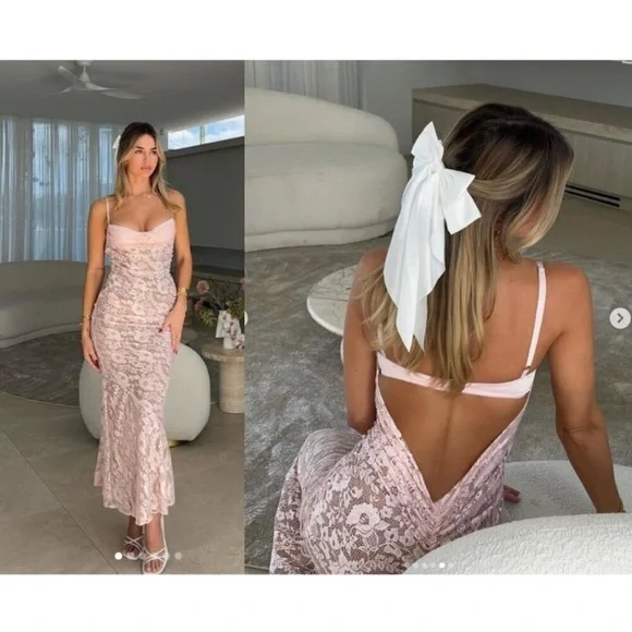 NWOT HOUSE OF CB Azzurra Rose Pink Lace Godet Gown Sz S